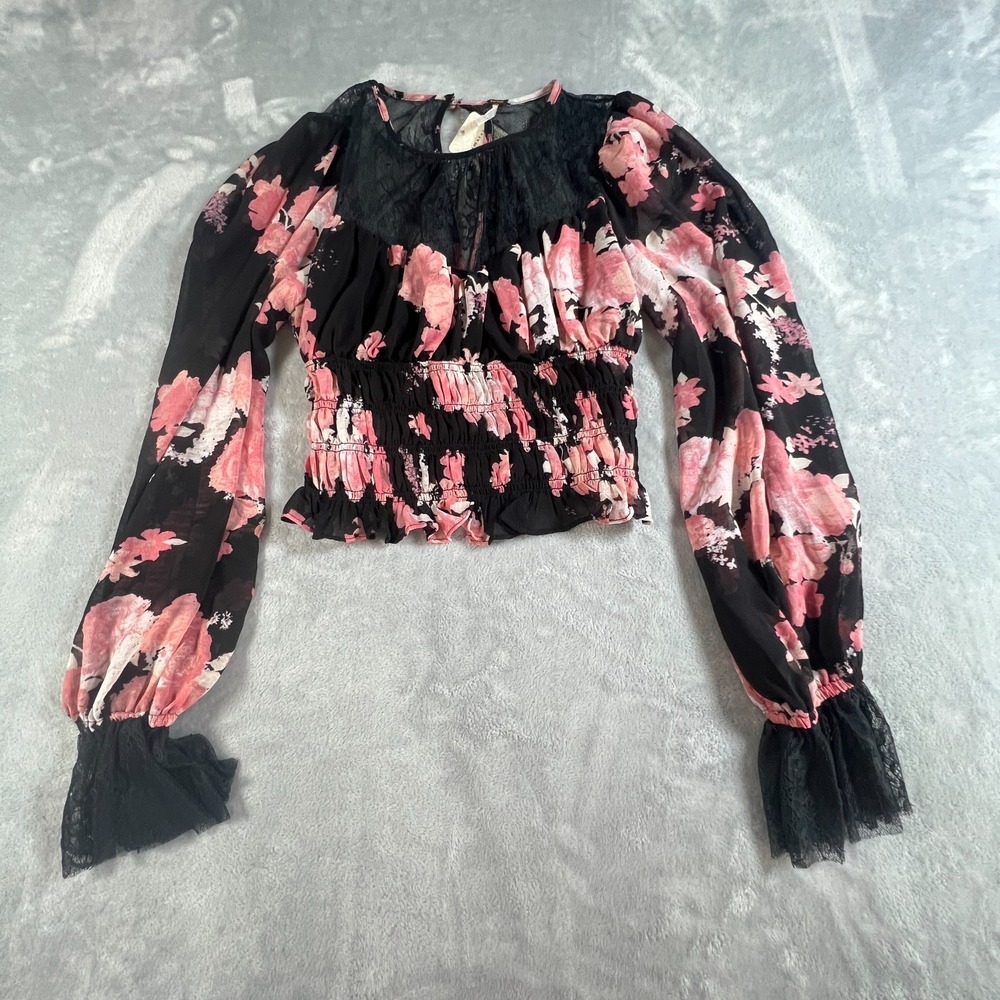 Free People Intimately Black Pink Floral Lace Sheer Peplum Top NWT Sz S Babydoll - Picture 15 of 15